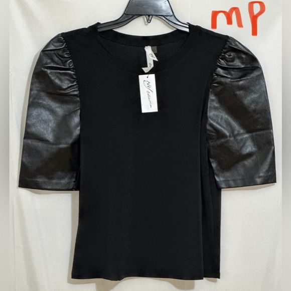 NY Collection Tops - LADIES BLACK TOP WITH FAUX LEATHER SLEEVES